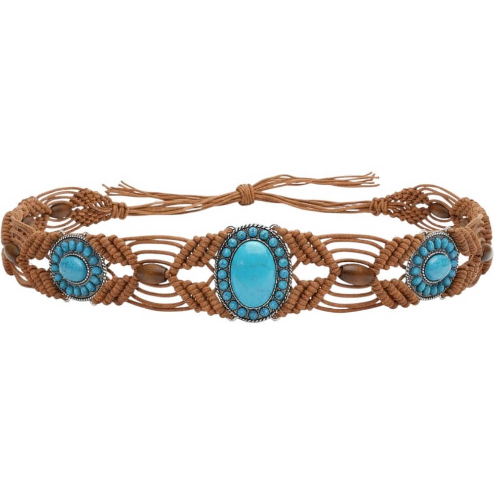 Unbranded Macrame Belt Womens One Size Tan Turquoise Wood Bead Boho Y2K